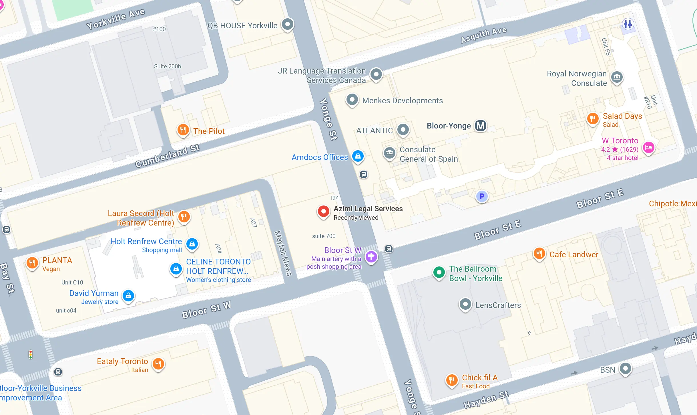 Map to Azimi Legal Services, 2 Bloor St W #700, Toronto ON M4W 3E2
